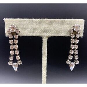 Clear Rhinestone Dangle Earrings Elegant Evening Silver Tone Pierced Vintage